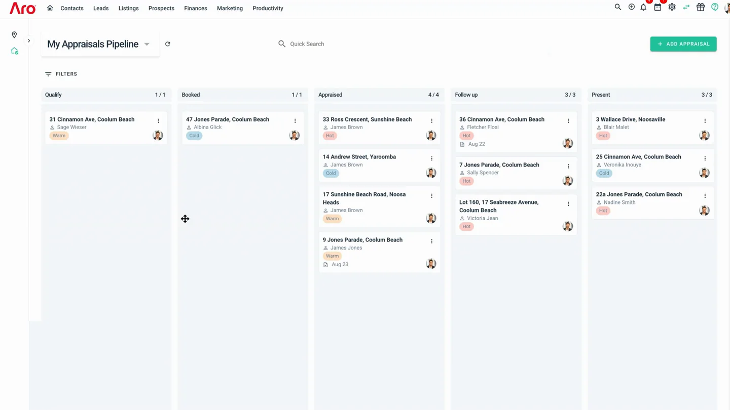 The Aro CRM with the listing record every other product reads from