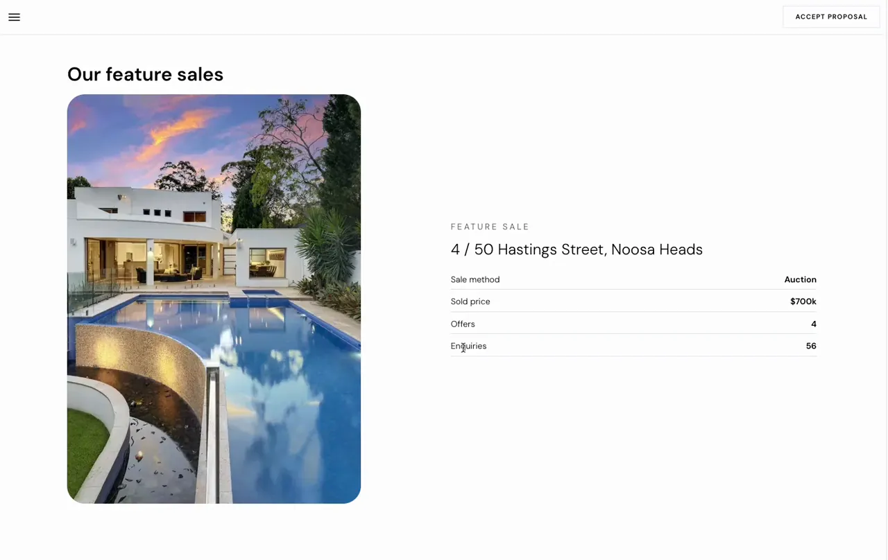 A digital listing proposal as the vendor sees it, built in Aro